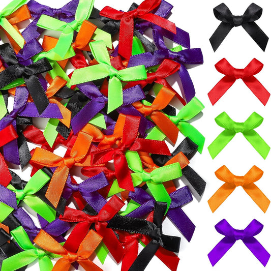 50 PCS Small Satin Bows for Crafts Halloween Decor 5 Colors (Black, Orange, Purple, Red, Green), Tiny Bows for Gift