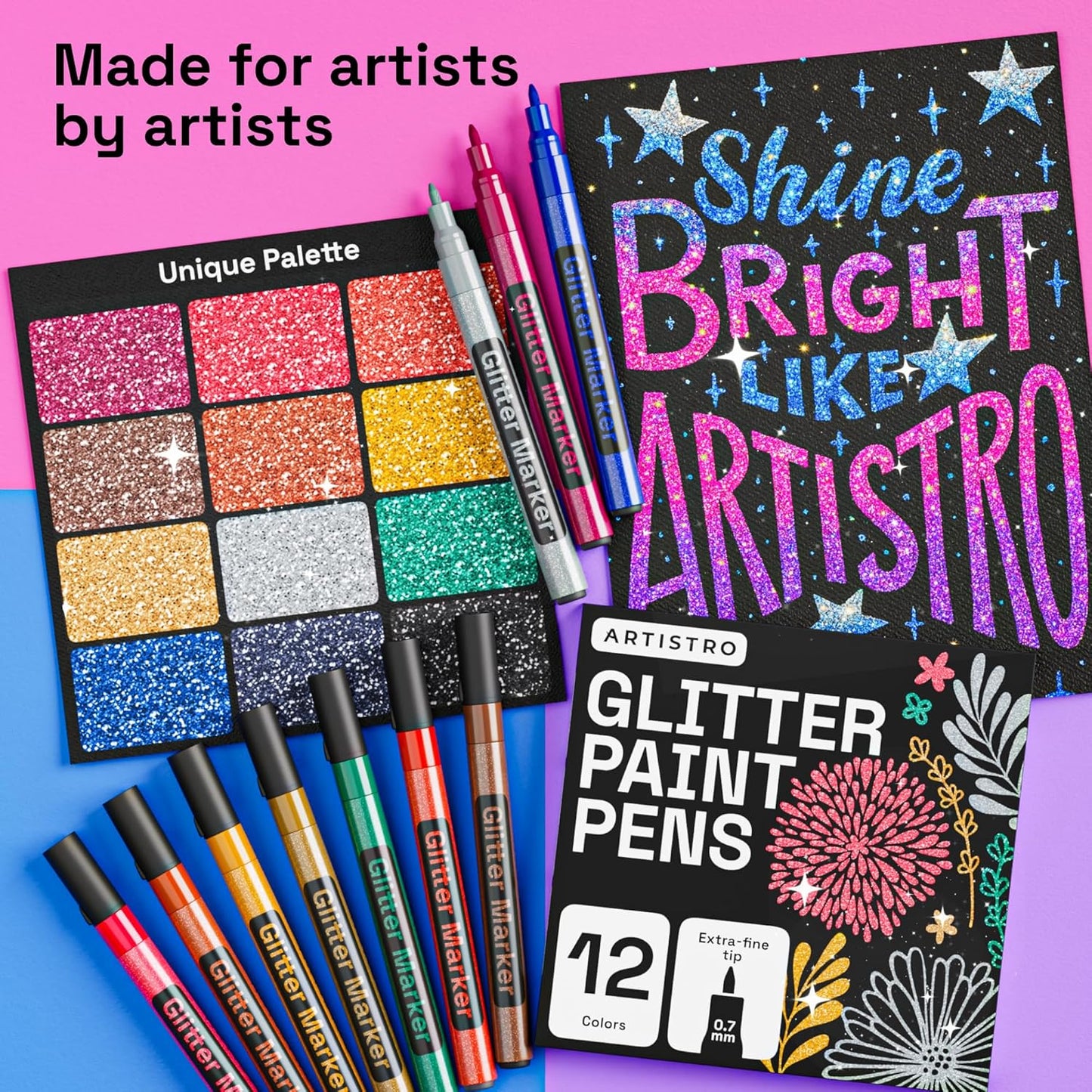 12 Glitter Paint Pens for Glass Marking Rock Painting Ceramic Wood Fabric Scrapbooking, DIY Craft Making Coloring