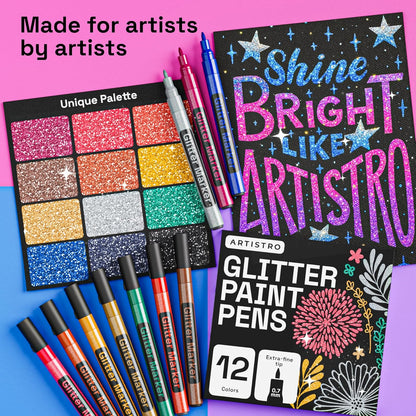 12 Glitter Paint Pens for Glass Marking Rock Painting Ceramic Wood Fabric Scrapbooking, DIY Craft Making Coloring