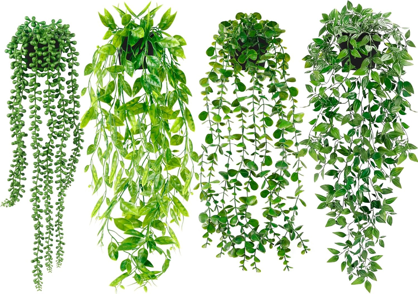 4 Pack Fake Potted Greenery Faux Eucalyptus Vine Mandala Vine String of Pearls Pea pod Leaves in Pot
