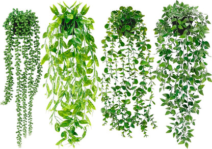 4 Pack Fake Potted Greenery Faux Eucalyptus Vine Mandala Vine String of Pearls Pea pod Leaves in Pot