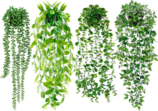 4 Pack Fake Potted Greenery Faux Eucalyptus Vine Mandala Vine String of Pearls Pea pod Leaves in Pot