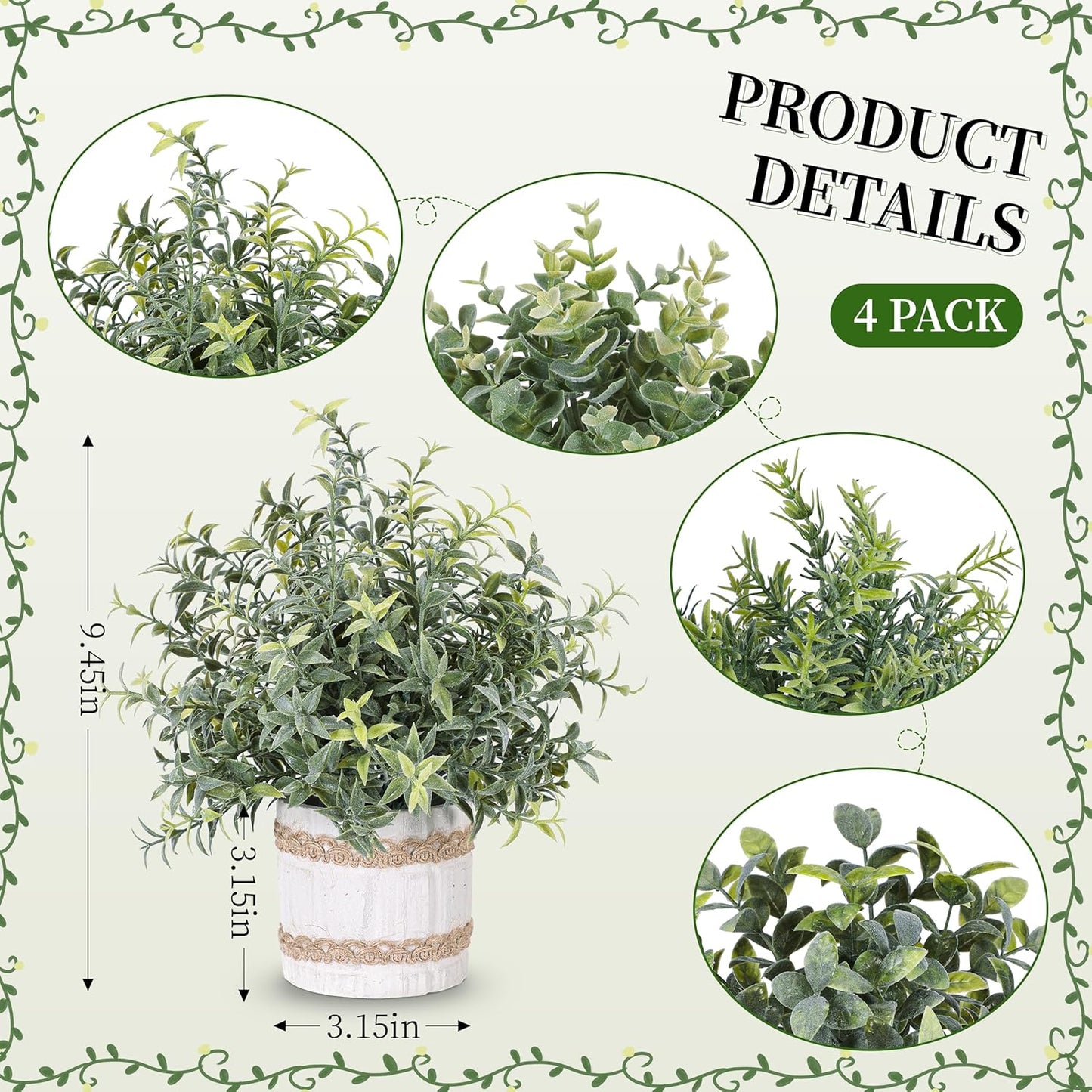 4 Pack Farmhouse Fake Plants Artificial Plants for Home Kitchen Office Desk Rustic Table Boho Aesthetic Room Decor Indoor