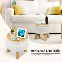 Boucle Ottoman Footstool with Storage  Round Velvet Pouf with Wooden Legs for Living Room Sofa