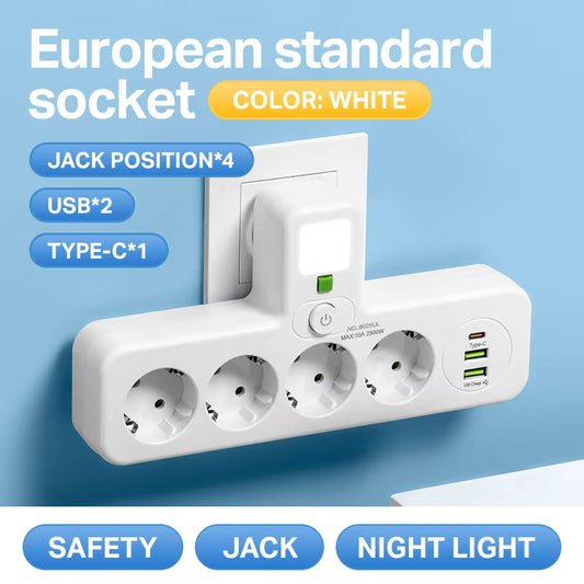 EU Plug AC Power Strip Multiprise Wall Mounted Socket Universal Network Filter USB Ports Separate Switch