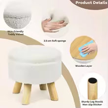 Boucle Ottoman Footstool with Storage  Round Velvet Pouf with Wooden Legs for Living Room Sofa