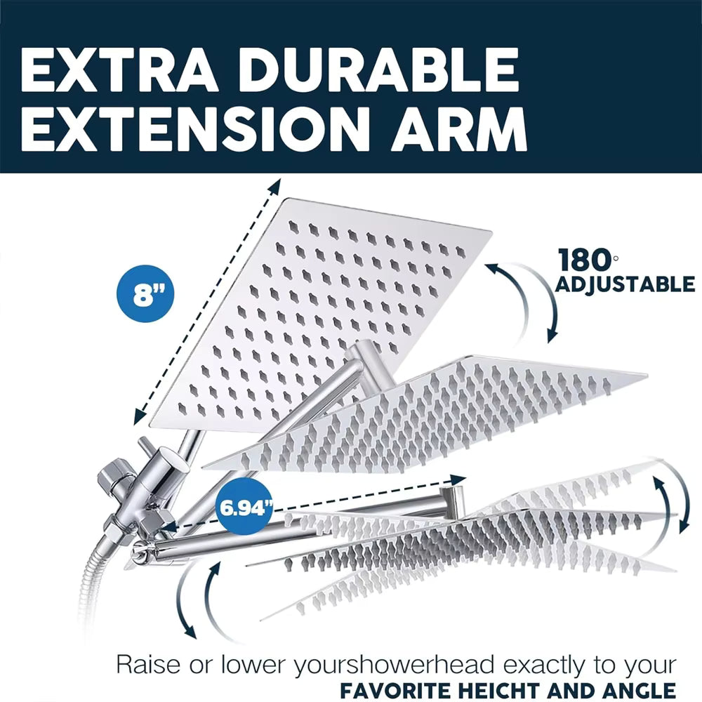 Shower Head Combo 8-12Inch High Pressure Rain Shower Head with Adjustable Extension Arm With 3-way Handheld Shower