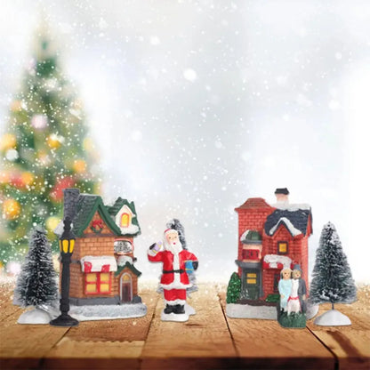 12 Pcs Mini Resin Christmas Town Scene Desktop Ornaments Lighted LED DIY Christmas Doll Figurines