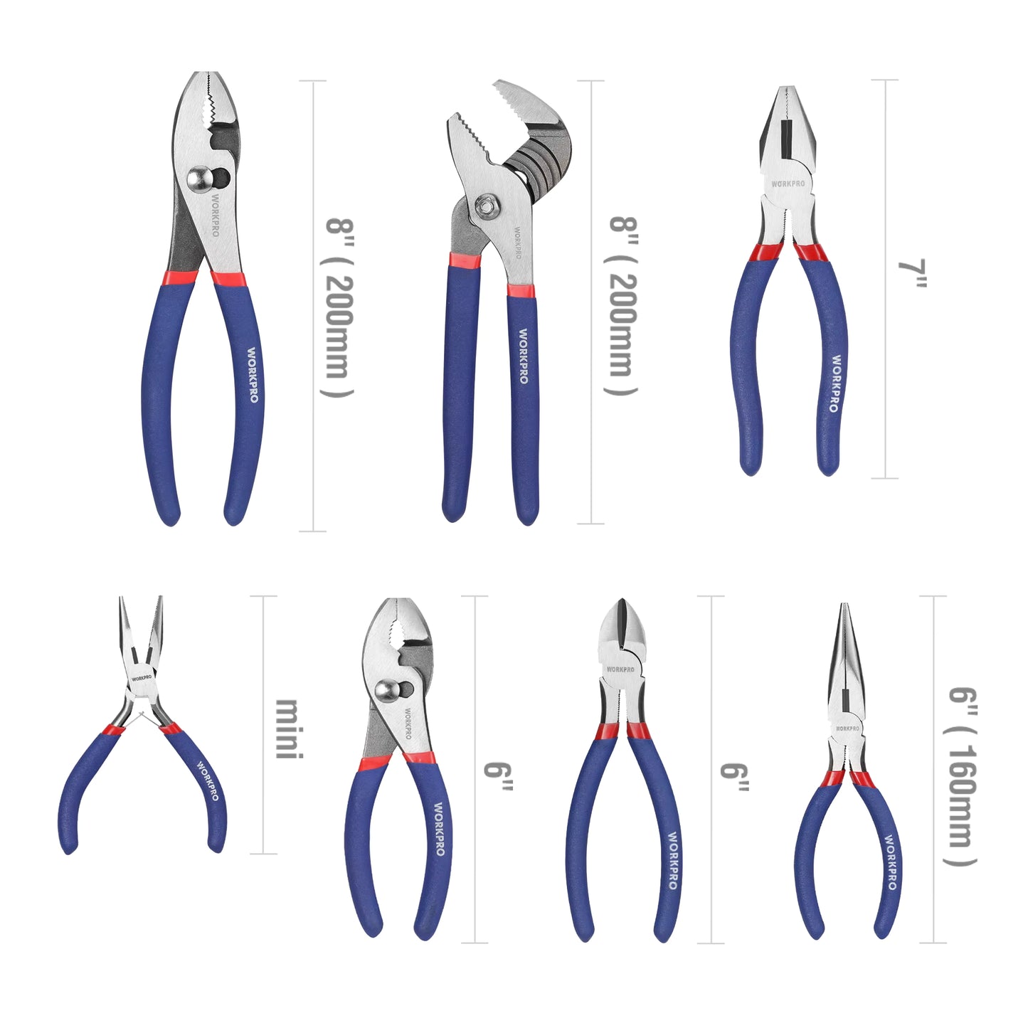 7 piece Pliers Set with Groove Joint, Long Nose, Slip Joint, Linesman and Diagonal Pliers