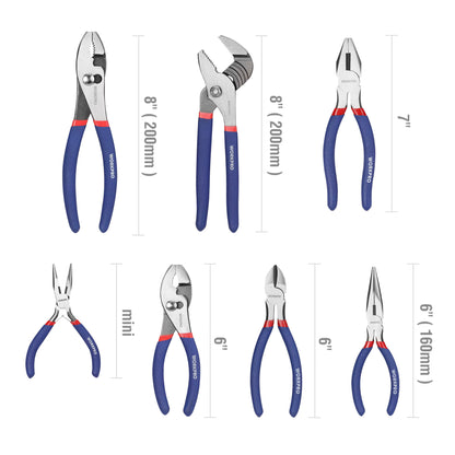 7 piece Pliers Set with Groove Joint, Long Nose, Slip Joint, Linesman and Diagonal Pliers