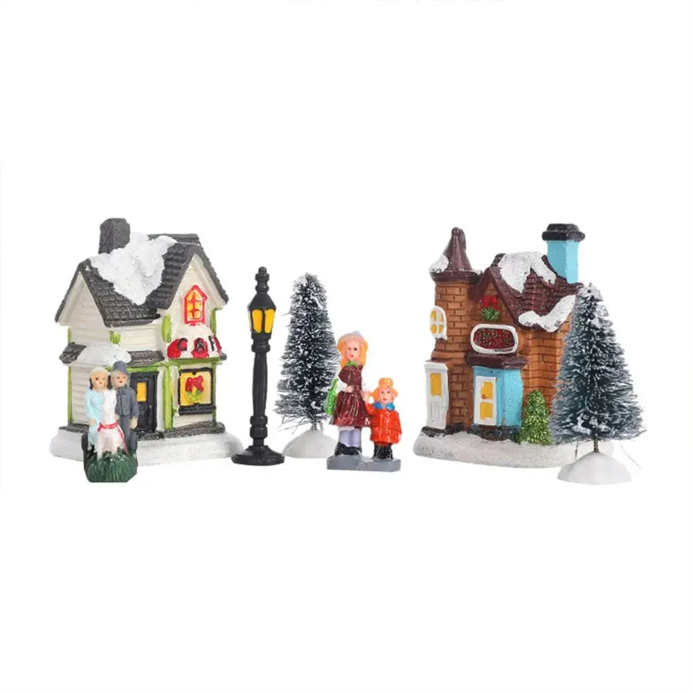 12 Pcs Mini Resin Christmas Town Scene Desktop Ornaments Lighted LED DIY Christmas Doll Figurines