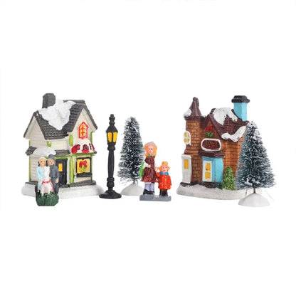 12 Pcs Mini Resin Christmas Town Scene Desktop Ornaments Lighted LED DIY Christmas Doll Figurines