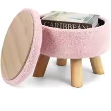 Boucle Ottoman Footstool with Storage  Round Velvet Pouf with Wooden Legs for Living Room Sofa