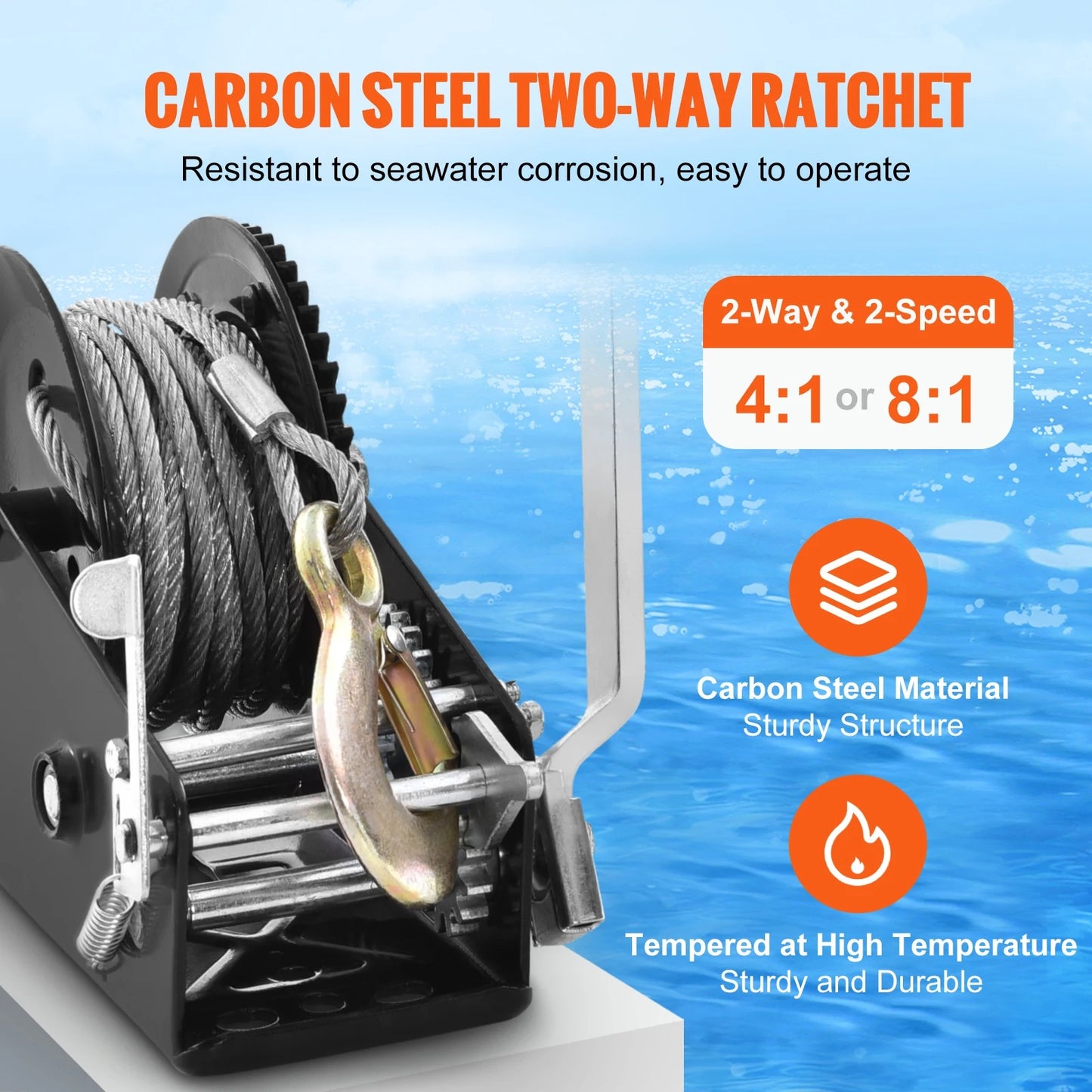 Hand Winch Heavy Duty Rope Crank with 33 ft Steel Wire Cable and Two-Way Ratchet for Trailer