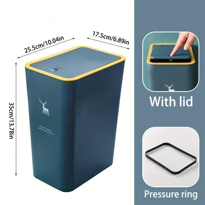 1pc Bathroom Trash Can 15L Garbage Can with Press Top Lid for Kitchen Bedroom Living Room Plastic