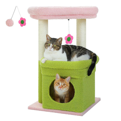 Cat Tower with Cozy Condo Wide Top Perch Natural Sisal Posts Soft Plush Playful Pom-Pom Suitable