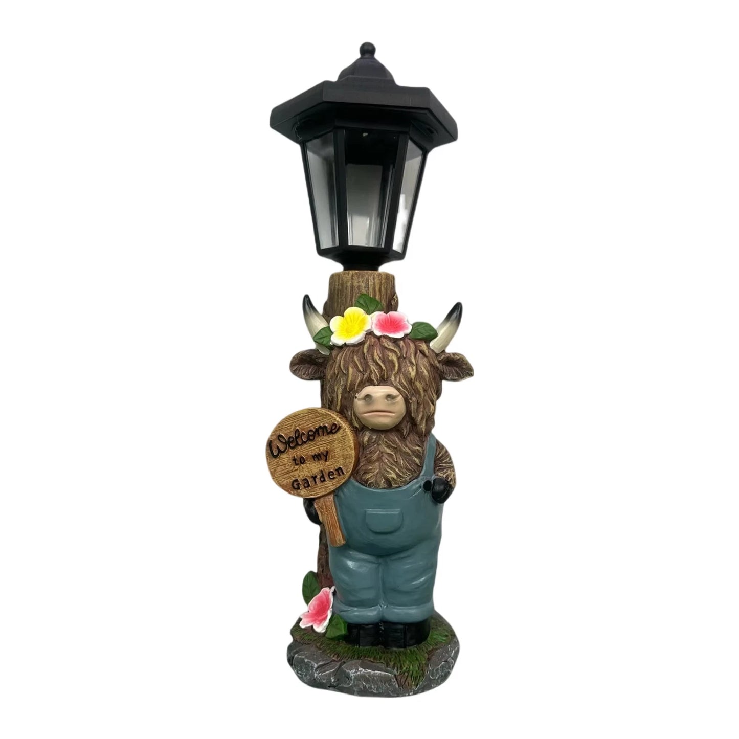 Solar Powered Highland Cattle Garden Statue Resin Sculpture Outdoor Lamp Cow Figurine for Patio