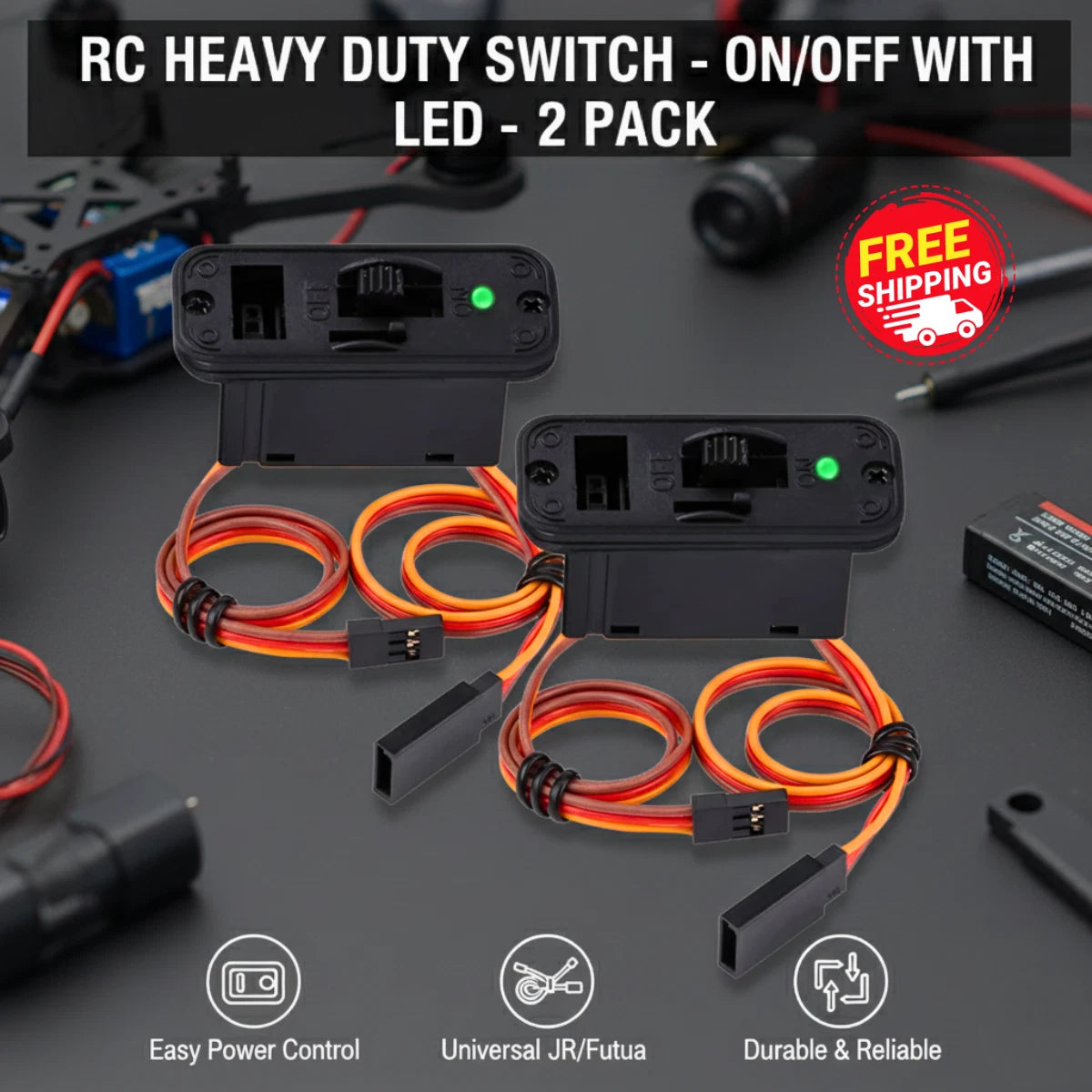 2 Pcs New Heavy Duty RC Switch On Off with LED 3 Pin JR Futaba Connectors 22AWG for Battery Charger