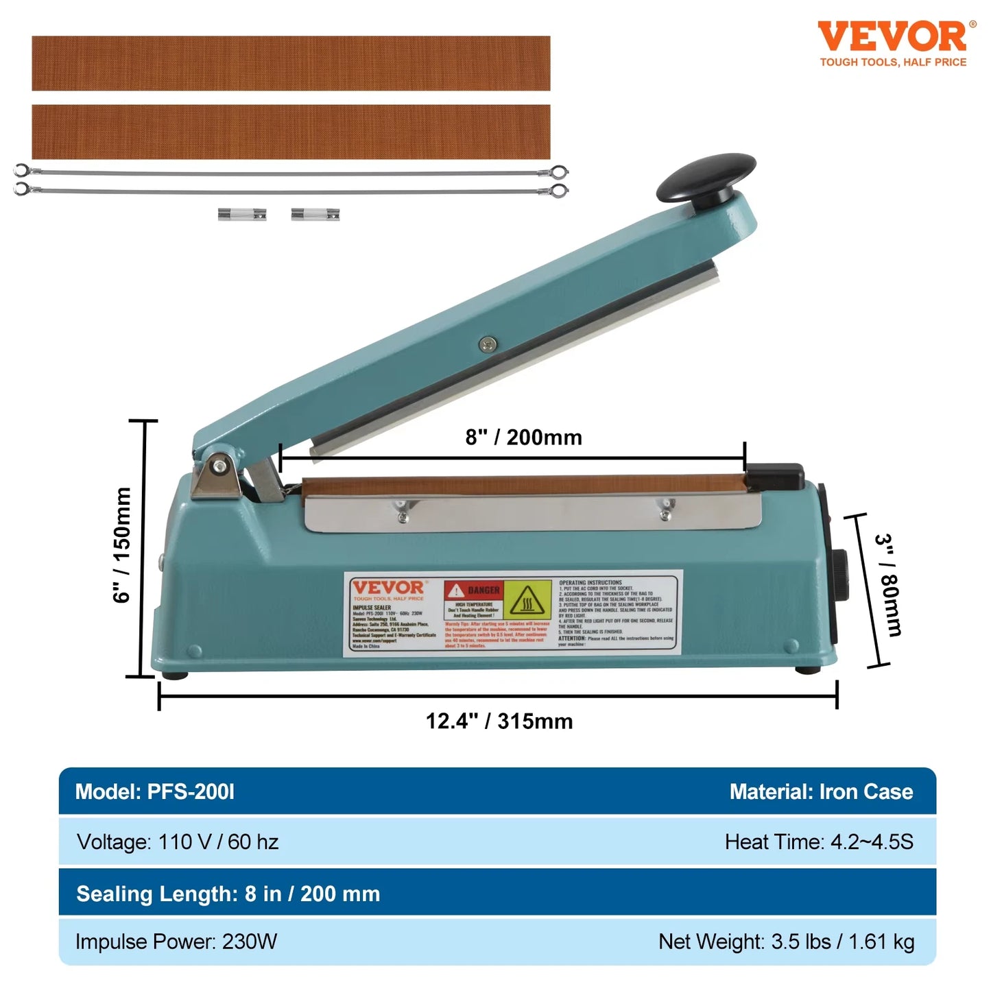 8 Inch Impulse Shrink Wrap Sealer Manual Heat Poly Bag Sealing Machine Plastic