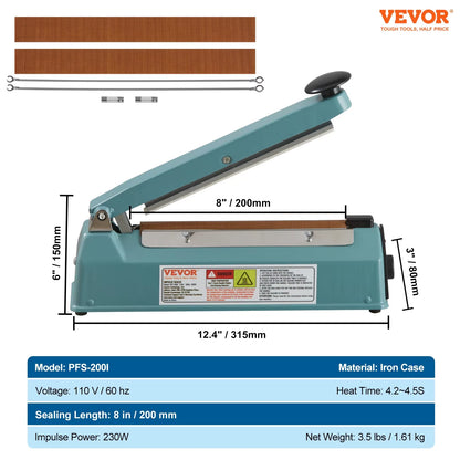 8 Inch Impulse Shrink Wrap Sealer Manual Heat Poly Bag Sealing Machine Plastic
