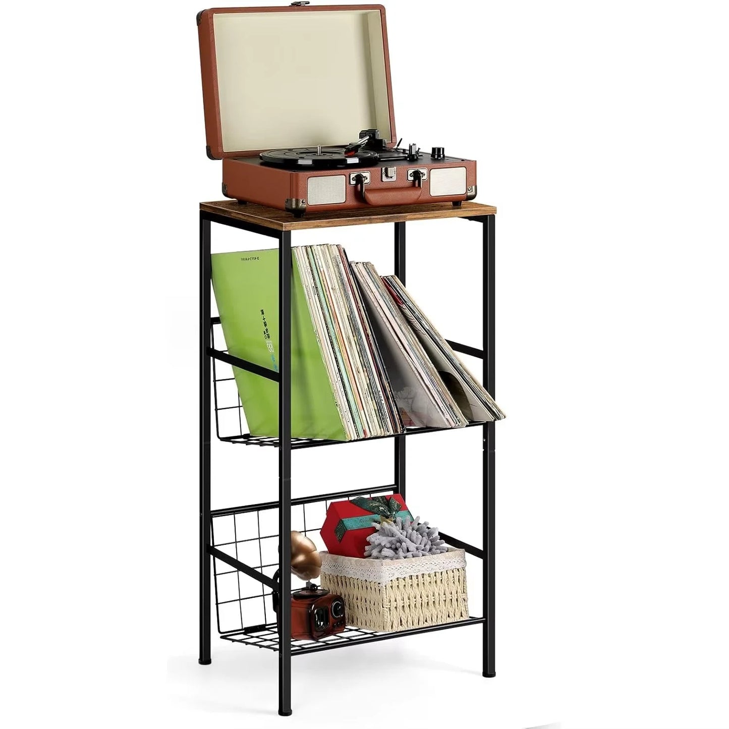 3-Tier Metal Record Player Stand  Holds 90 Vinyl Albums Turntable Shelf for Living Room Bedroom