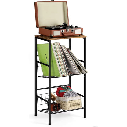 3-Tier Metal Record Player Stand  Holds 90 Vinyl Albums Turntable Shelf for Living Room Bedroom