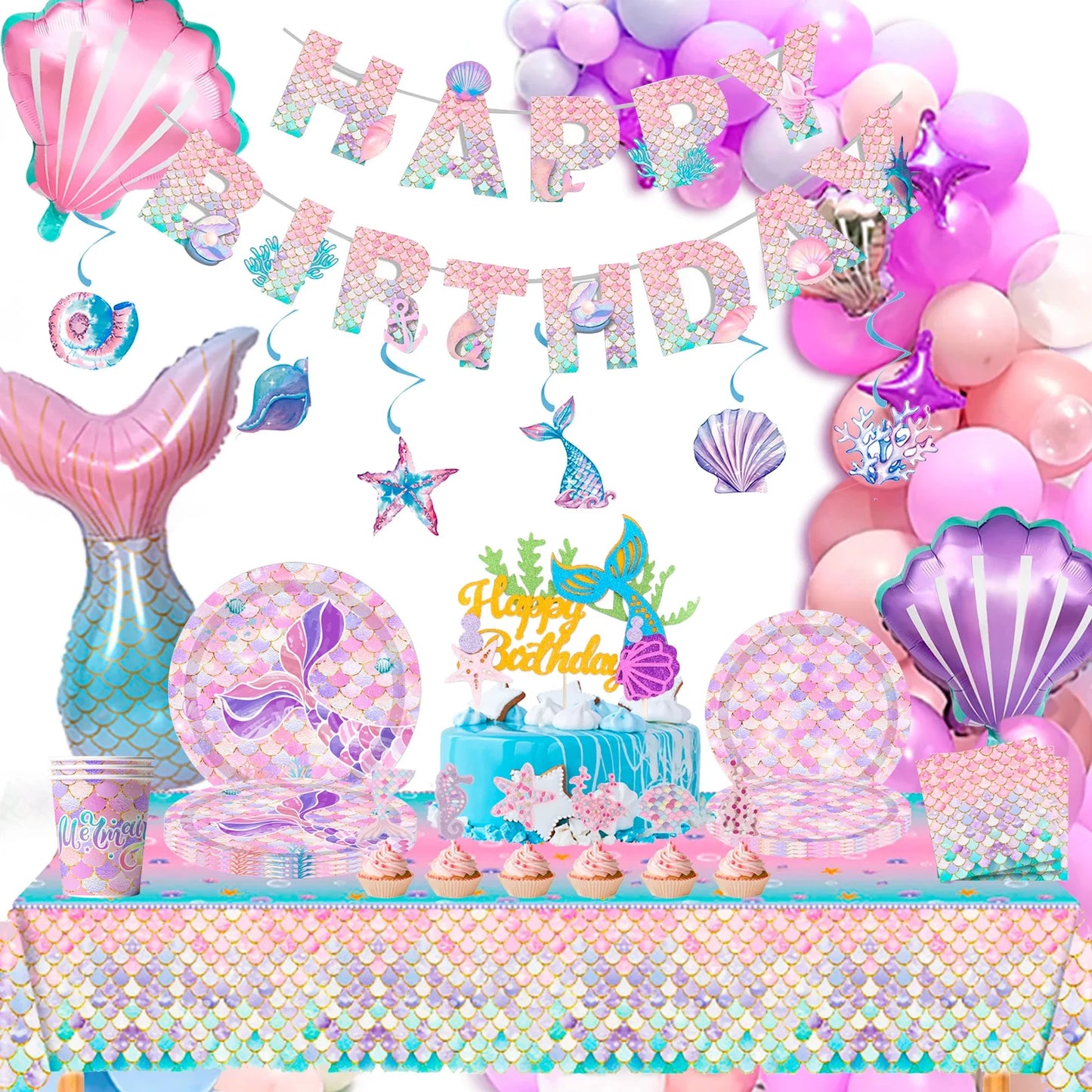 90 Pcs Party Supplies Kit-Mermaid Birthday Plates Cups Napkins Tablecloth&Banner Balloons