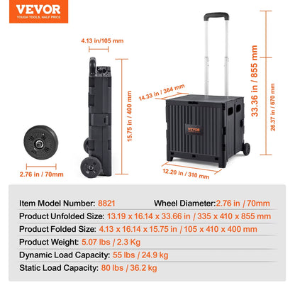 Foldable Utility Shopping Cart Folding Portable Crate Handcart with Telescope Handle Wheels