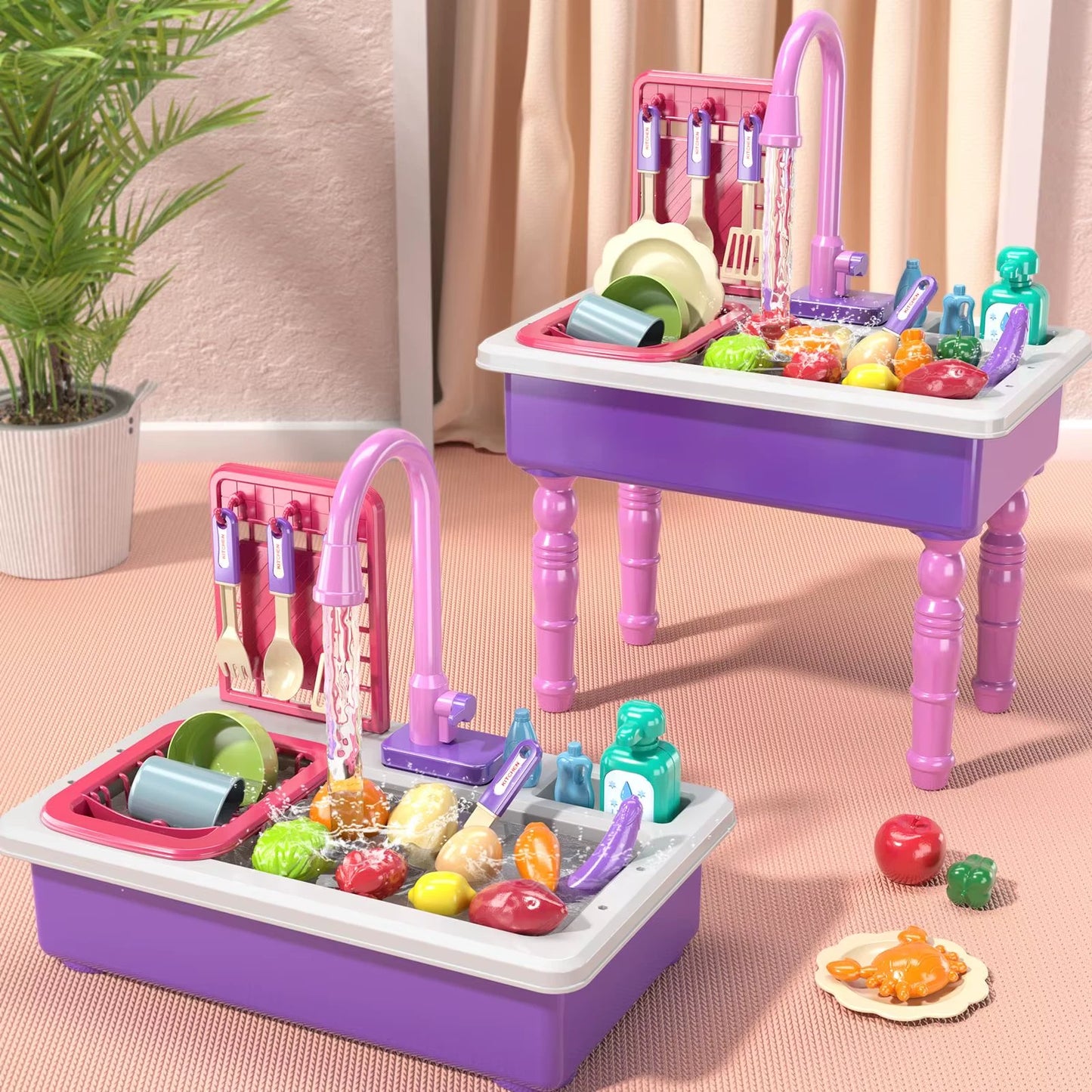 Play Kitchen Sink Toy with Running Water Dishwasher and Upgraded Automatic Water
