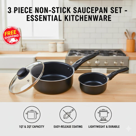 3 Piece Non-Stick Sauce Pans Set Includes 1Qt 2Qt Pots with Lid Easy Clean Dishwasher Safe Lightweight