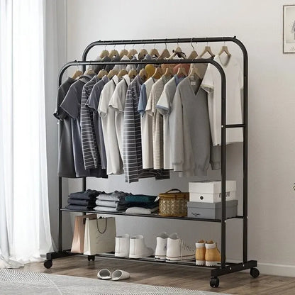 Heavy Metal Double Clothes Rail Hanging Rack Garment Display Stand Storage Shelf Rolling