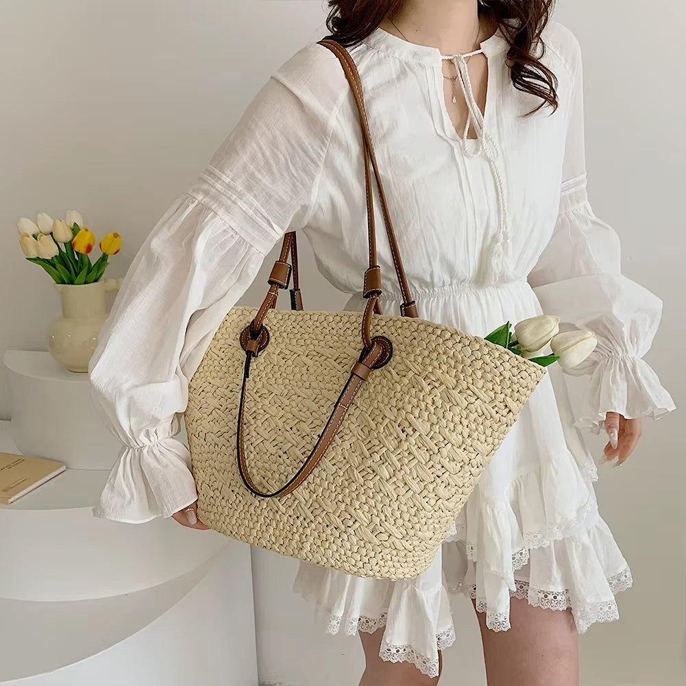 Women Woven Tote Bag Fashion Shoulder Bag Large Capacity Summer Beach Bags Simple Woven Handbag Chic