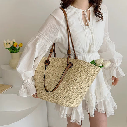 Women Woven Tote Bag Fashion Shoulder Bag Large Capacity Summer Beach Bags Simple Woven Handbag Chic
