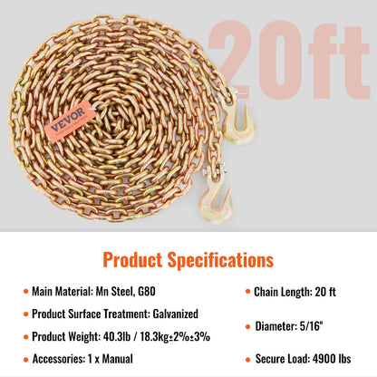 1 PC Binder Chain Trailer Tow Zinc Plated Truck With Safety Grab Hooks Logging