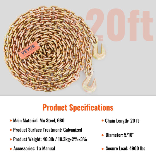 1 PC Binder Chain Trailer Tow Zinc Plated Truck With Safety Grab Hooks Logging