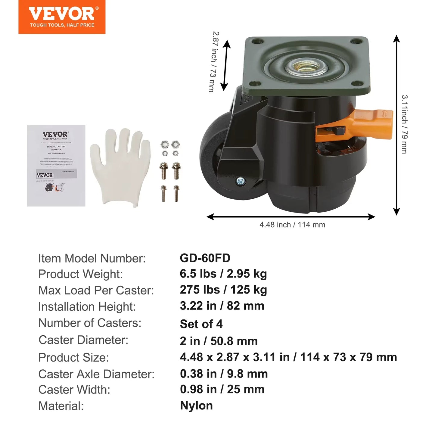 4 Pcs Leveling Casters Heavy Duty Swivel Caster Wheels with Handle Design Height Adjustable Feet