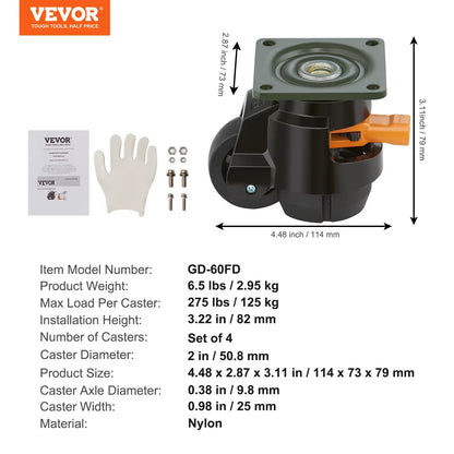 4 Pcs Leveling Casters Heavy Duty Swivel Caster Wheels with Handle Design Height Adjustable Feet
