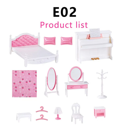 E02 Bedroom Set Dollhouse Miniature Furniture Pretend Play Doll House Accessories For Boy Girl Gifts
