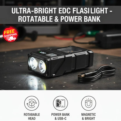 Rotatable EDC LED Flashlight Type-C Rechargeable Power Bank Torch with Magnet Clip Work Light Fishing