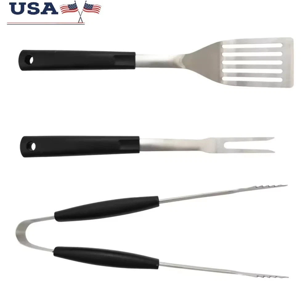 3 Piece Stainless Steel BBQ Grill Set Fork Tongs Spatula Durable Non Slip Handles Perfect