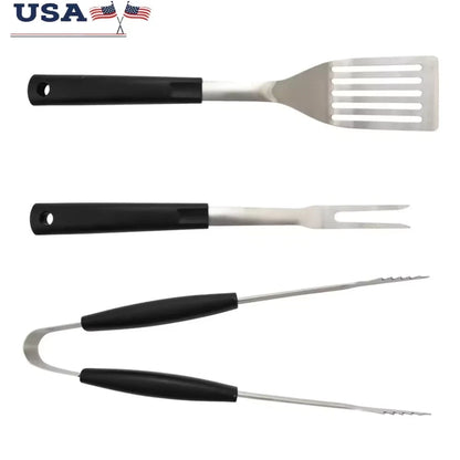 3 Piece Stainless Steel BBQ Grill Set Fork Tongs Spatula Durable Non Slip Handles Perfect