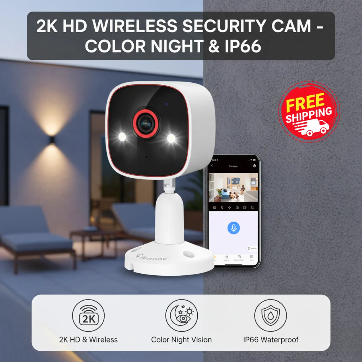 Security Cameras 2K HD Wireless WiFi Color Night Vision IP66 Waterproof Pet Dog Cat