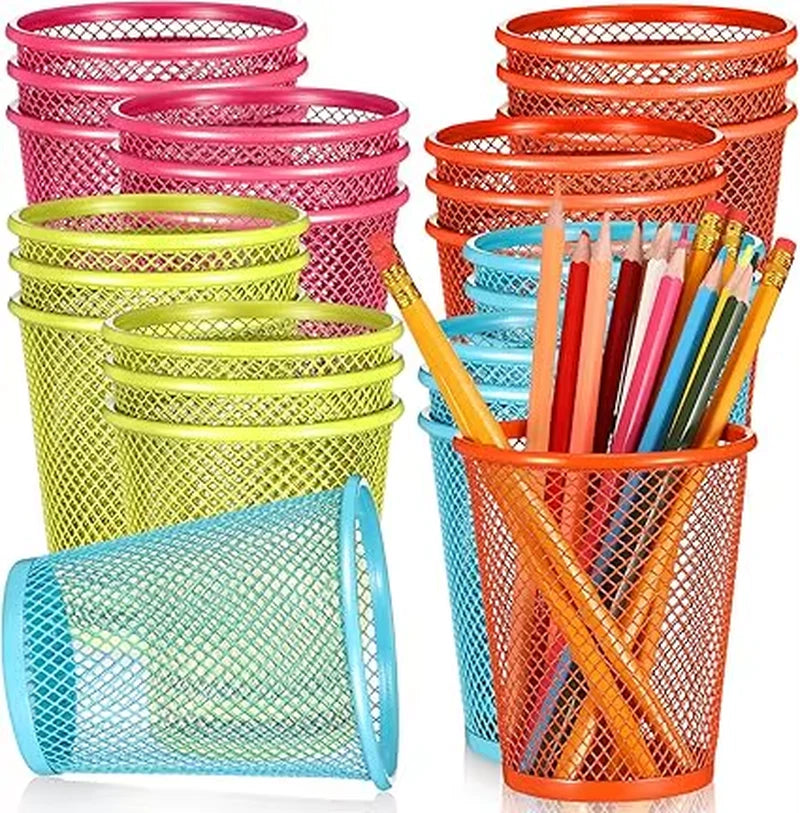 24 pcs mesh pencil holder colored metal pen holder metal pen cup desk organizer cups makeup brush