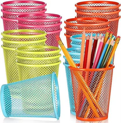 24 pcs mesh pencil holder colored metal pen holder metal pen cup desk organizer cups makeup brush