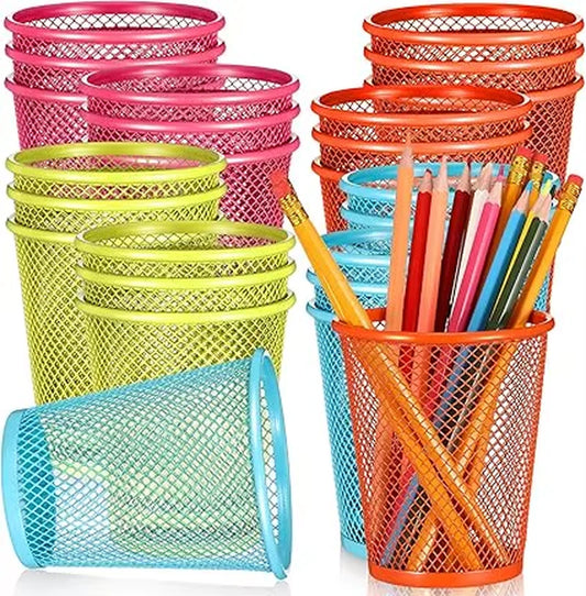 24 pcs mesh pencil holder colored metal pen holder metal pen cup desk organizer cups makeup brush