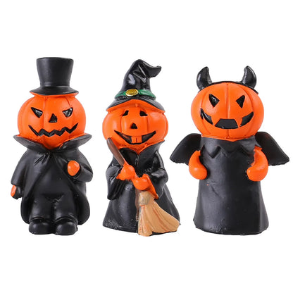 3pcs Halloween Pumpkin Demon Figurines Wizard Hat Devil Horns Pumpkin Head Decor for Home Party Office