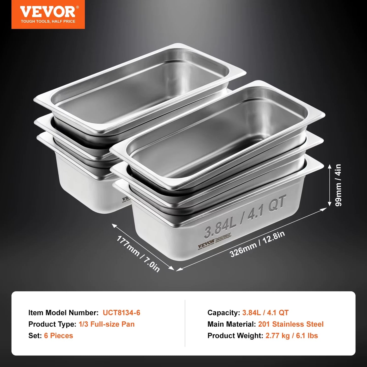 6 Pack Buffet Chafing Dishes 3.8L Gastronorm Pans Steam Table Pans Tray Stainless Steel Food Container