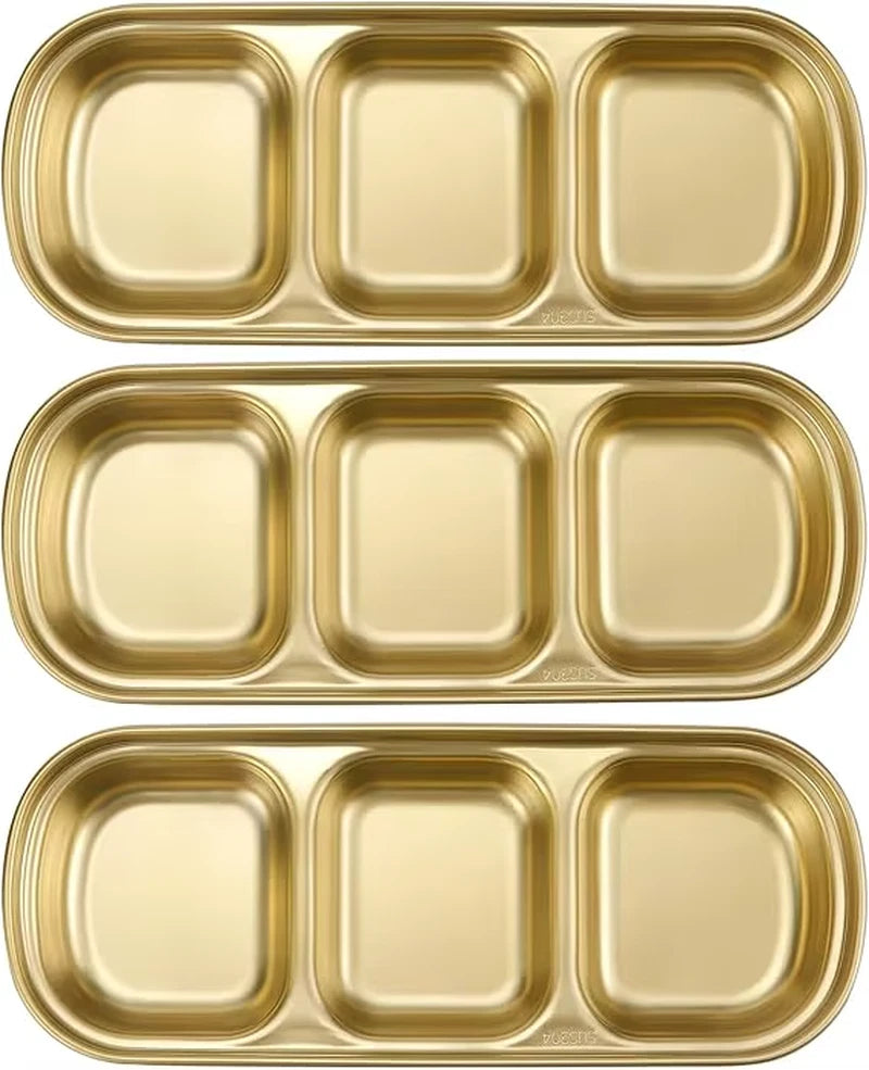3Pcs Stainless Steel Dipping Bowls 3 Compartment Appetizer Serving Tray Soy Sauce Dish for Condiments