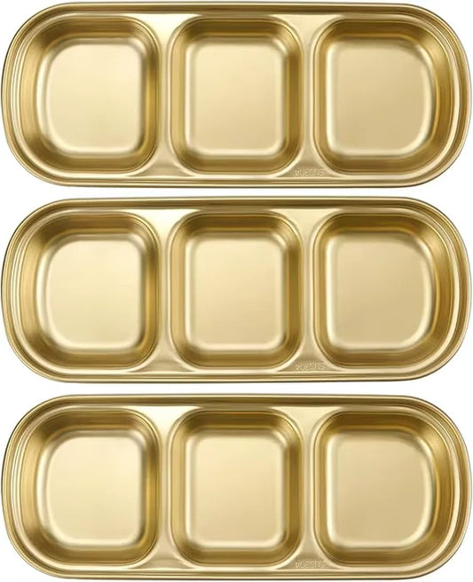 3Pcs Stainless Steel Dipping Bowls 3 Compartment Appetizer Serving Tray Soy Sauce Dish for Condiments