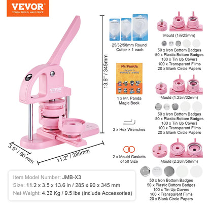 3 IN 1 Button Maker Button Maker Machine with Panda Magic Book Ergonomic Arc Handle Punch Press Kit